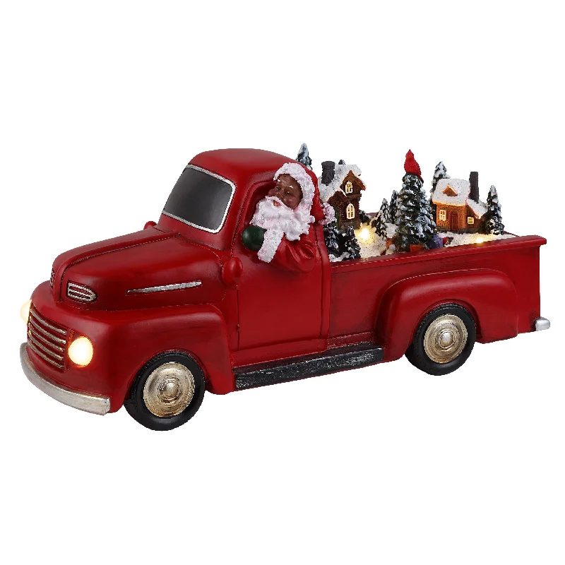 11 in. Animated Nostalgic Red Truck - Black Santa