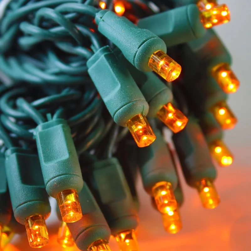 50-light  5mm Orange LED Christmas Lights, 6" Spacing Green Wire