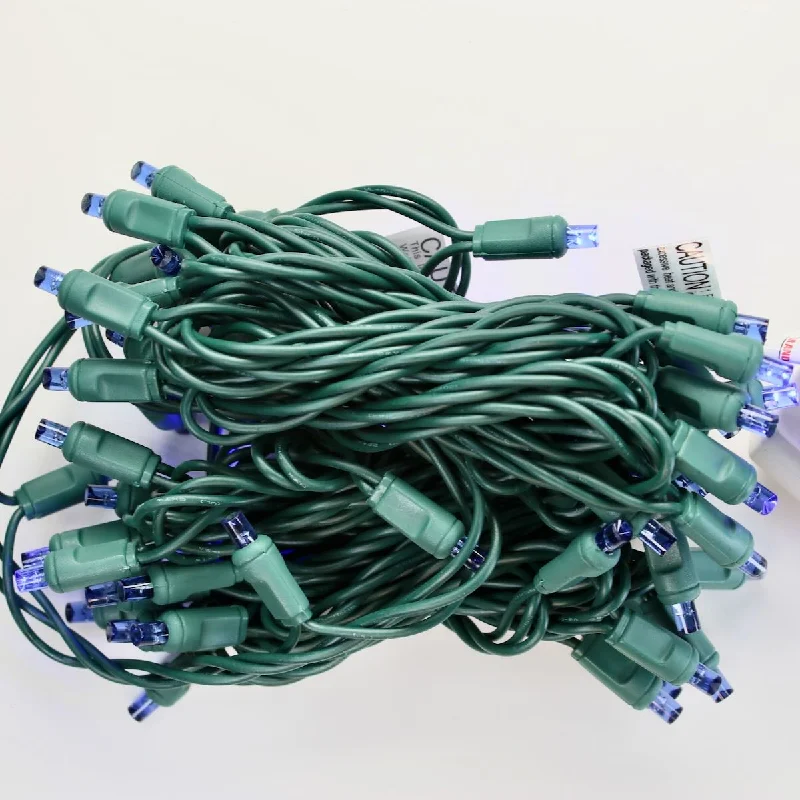 50-light  5mm Blue Strobe LED Christmas Lights, Green Wire 4" Spacing