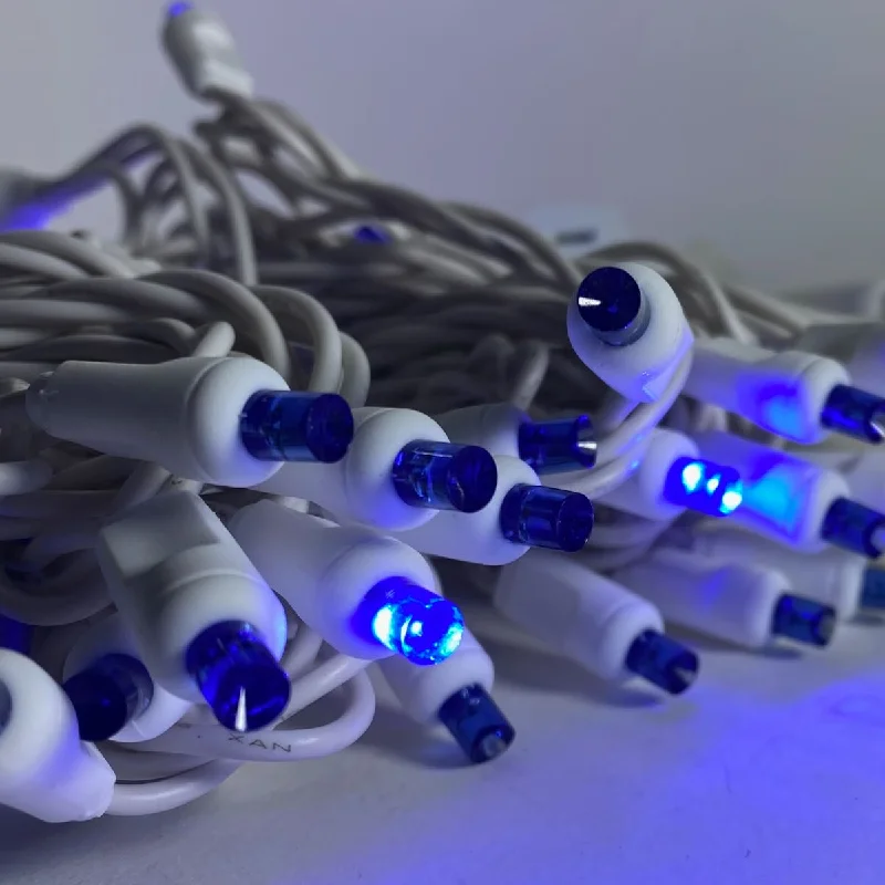 50-light  5mm Blue Strobe LED Christmas Lights, White Wire 4" Spacing