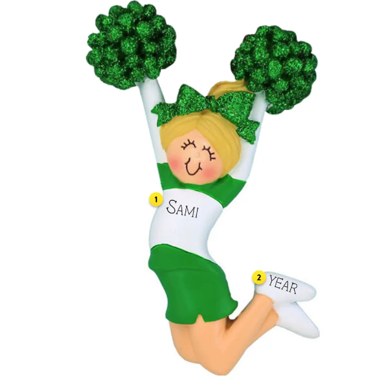 Personalized Cheerleader with Green Uniform Ornament - Female, Blonde Hair