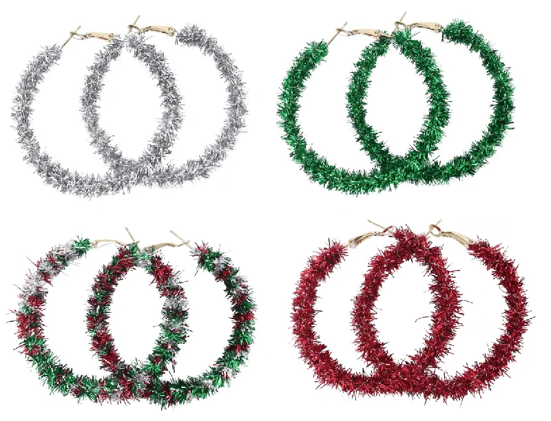 Christmas Tinsel Hoop Earrings 4 Asst