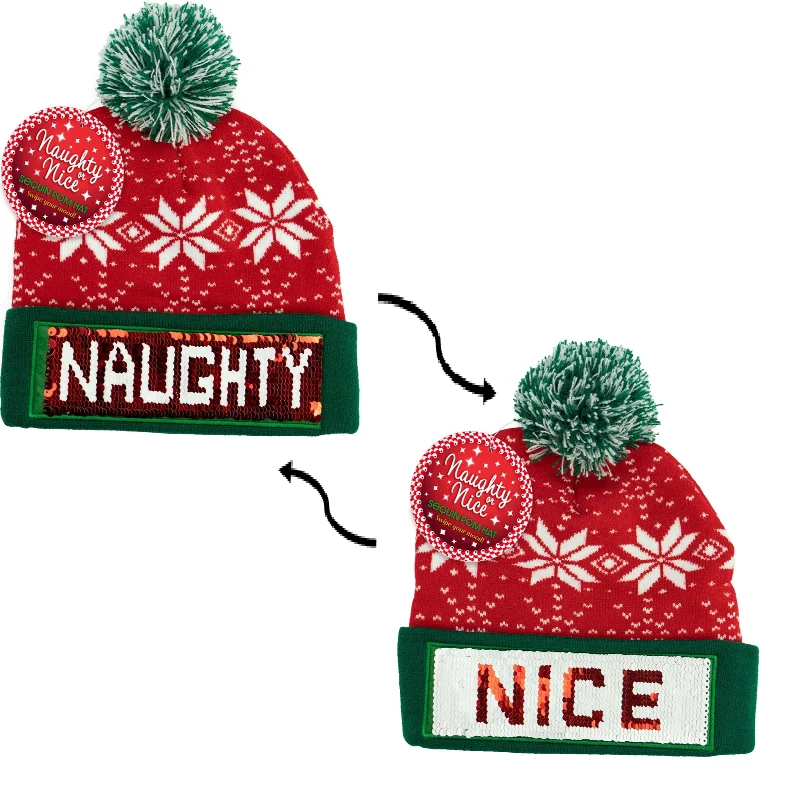 Christmas Naughty or Nice Changeable Sequin Snowflake Red Pom Beanie Hat