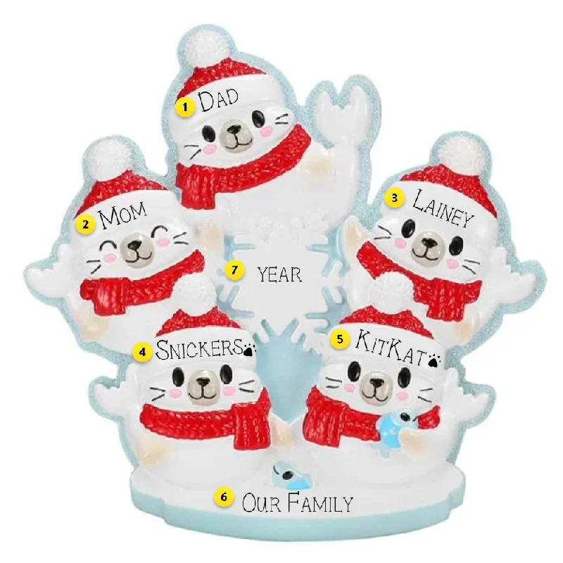 Personalized Christmas Arctic Seal Family of 5 Ornament