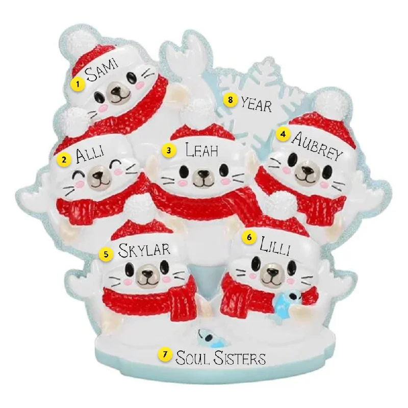 Personalized Christmas Arctic Seal Family of 6 Ornament