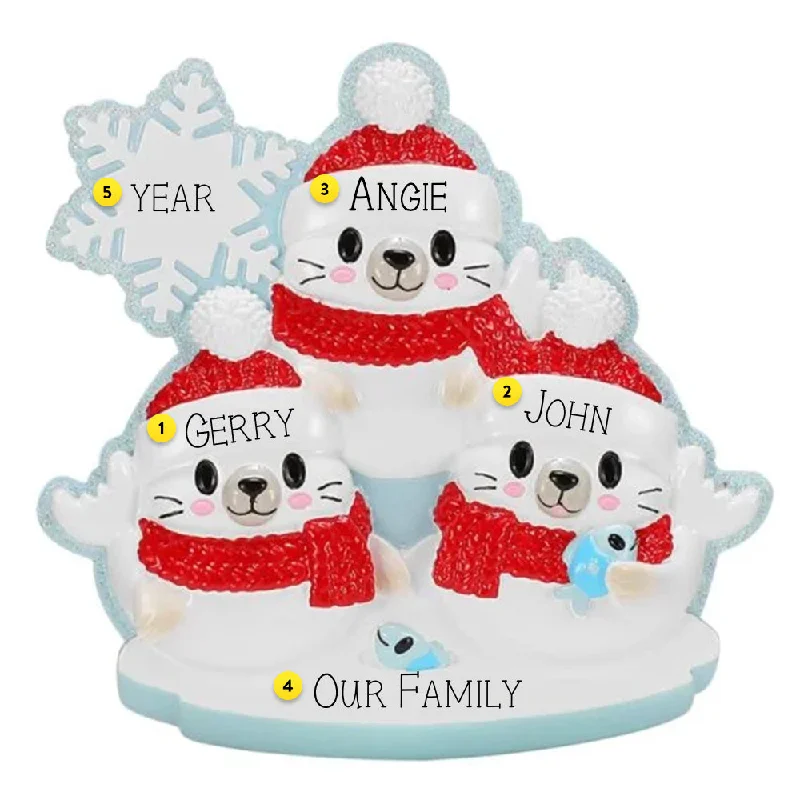 Personalized Christmas Arctic Seal Family of 3 Ornament