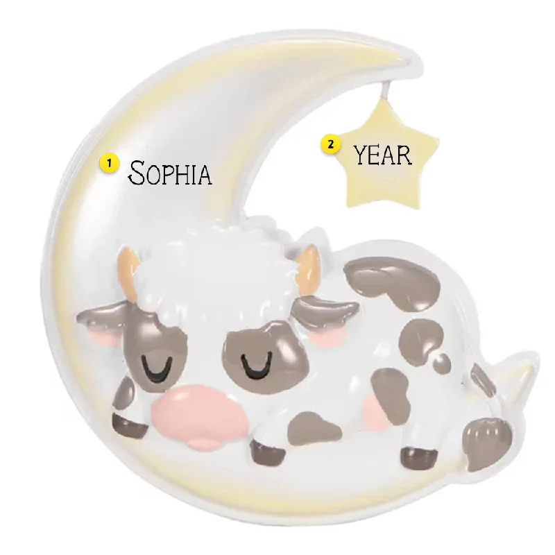 Personalized Cutesy Cow On Moon Ornament