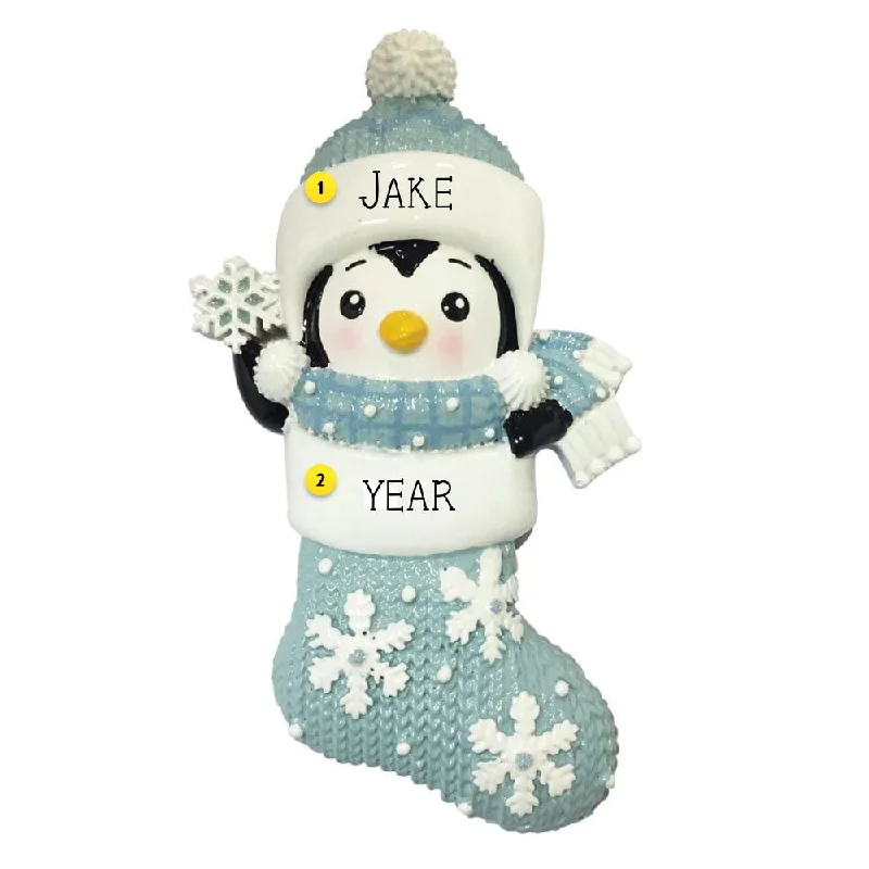 Personalized Penguin in Stocking Blue Ornament