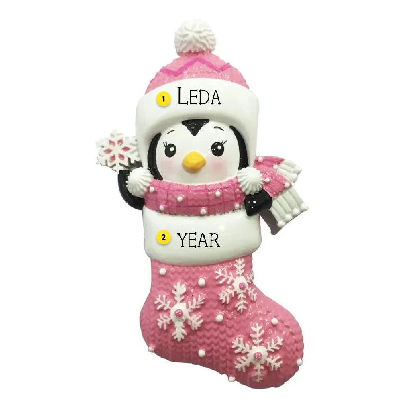 Personalized Penguin in Stocking Pink Ornament