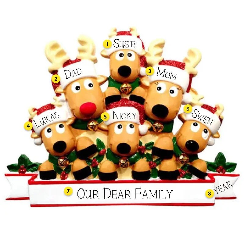 Personalized Reindeer Family of 6 with Banner Ornament