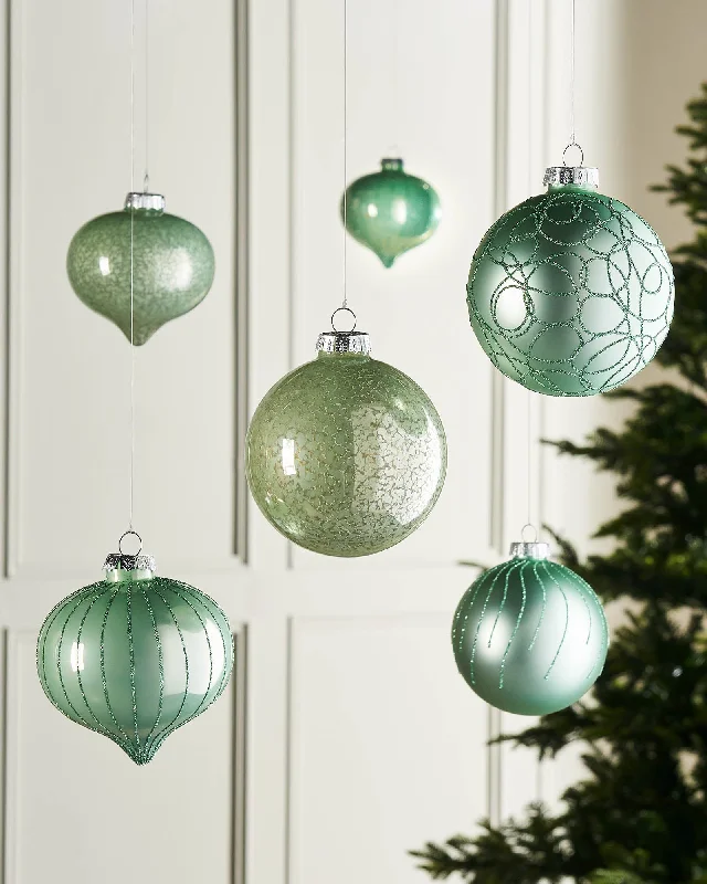 Mint Green Glass Baubles, 6 Pack, 10 cm