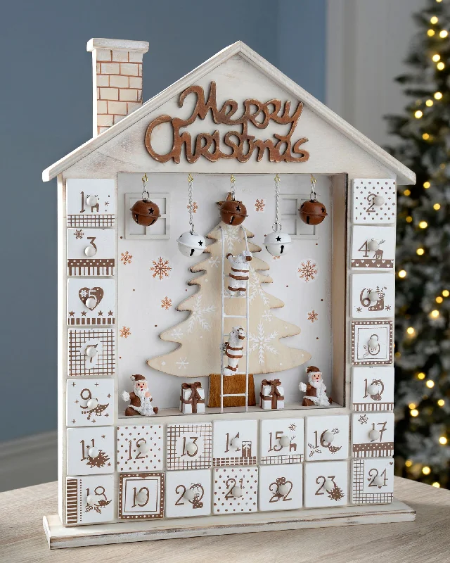 Wooden House Advent Calendar Christmas Decoration, 37cm, Beige