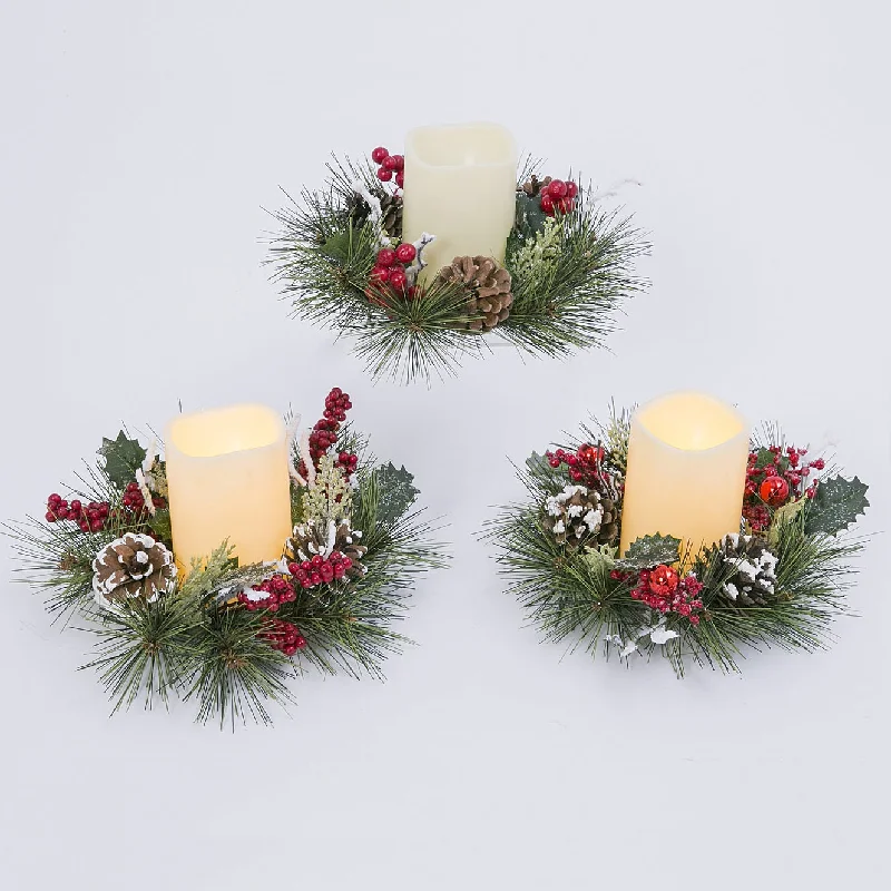 10" Holiday Pine Candle Ring with Greenery and Berry Embellishments