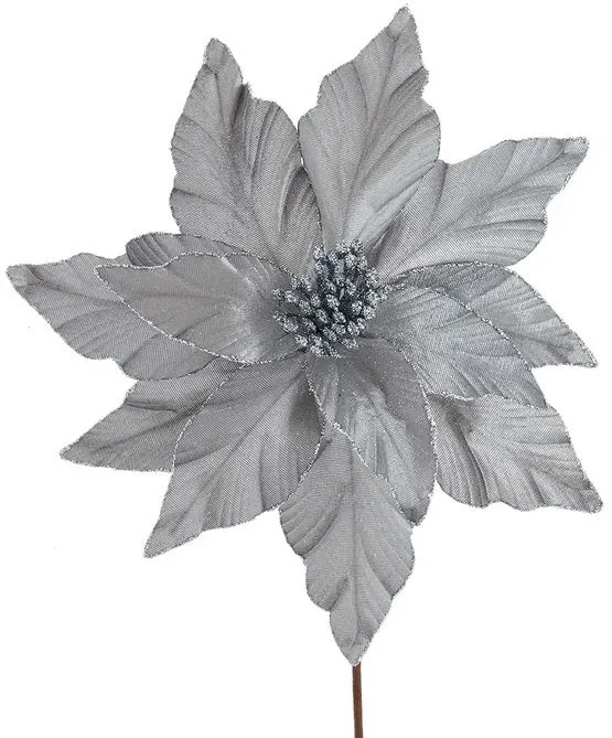 14" Silver Velvet Poinsettia Floral Pick