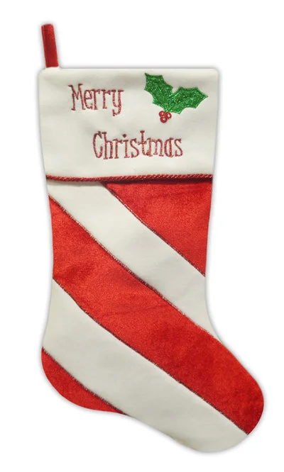 20.5" Red and White Striped Velvet Christmas Stocking with Holly Leaf Embroidery