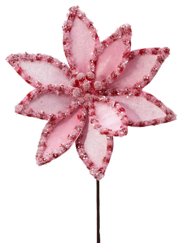 22" Pink & Red Snow Glitter Candy Poinsettia Stem