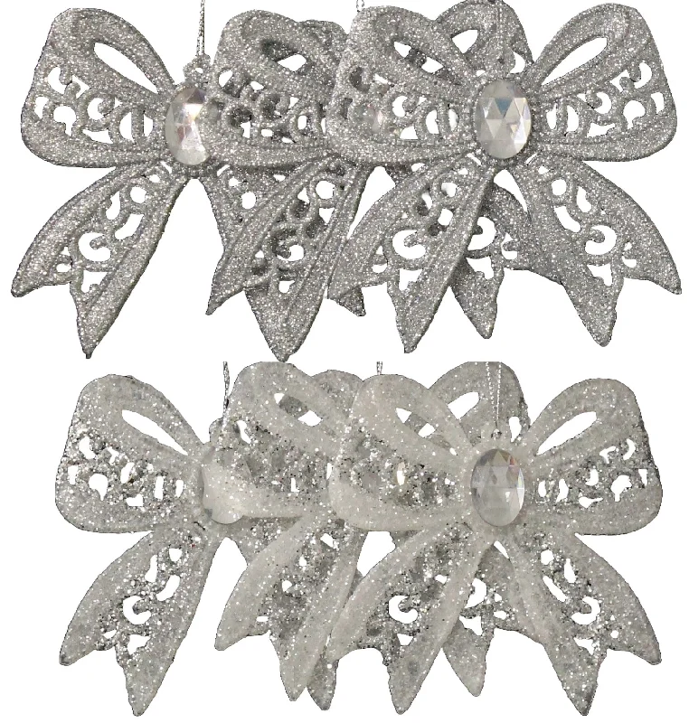 3-Pack of Silver & White Glitter Bow Ornaments