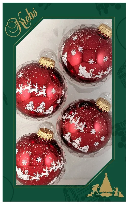 4-Pack of Christmas Eve Scene Red Glass Ball Ornament