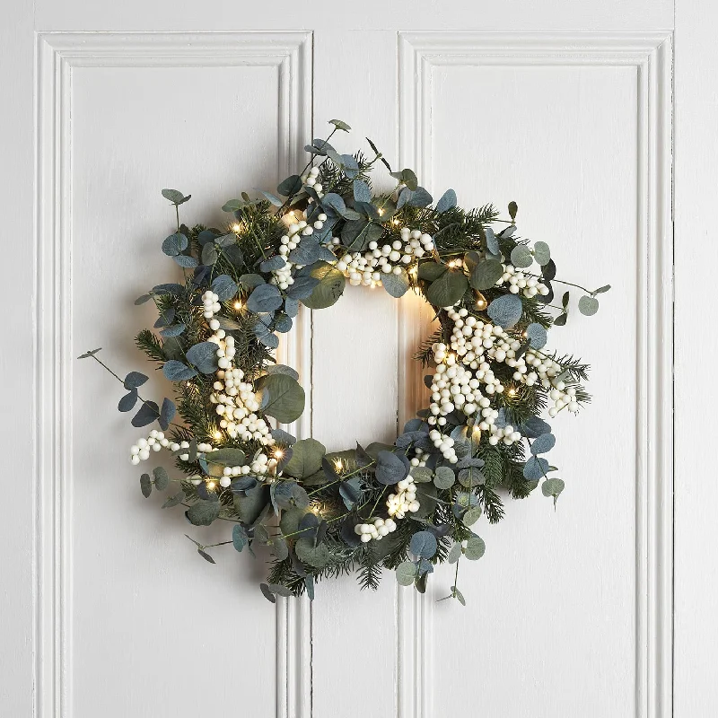 40cm Pre Lit Eucalyptus Wreath With White Berries