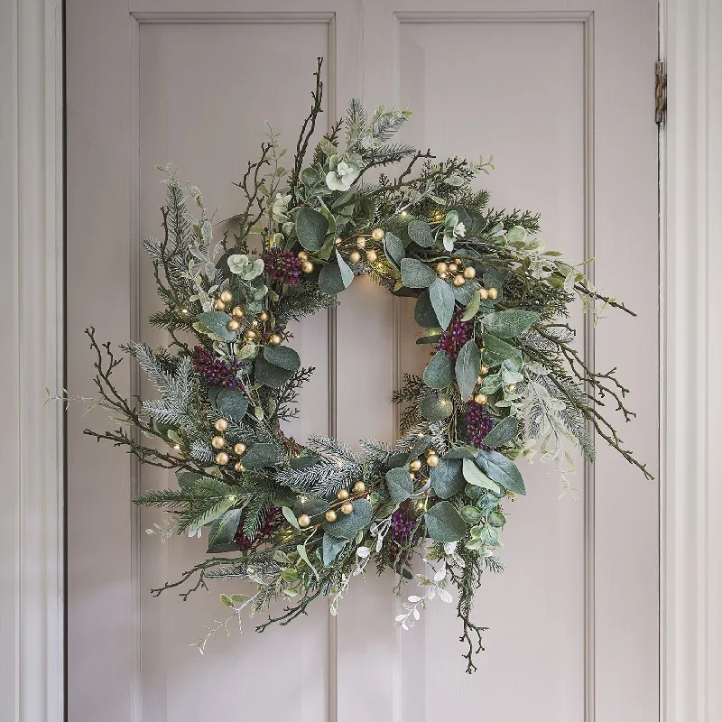 45cm Pre Lit Eucalyptus, Pine & Gold Berry Christmas Wreath