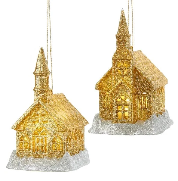 4" Battery-Operated Gold and Silver Glitter LED Church Ornaments