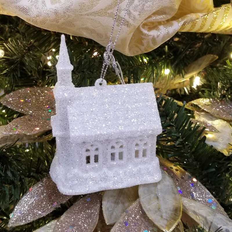 4" Battery-Operated White Glitter LED Church Ornament