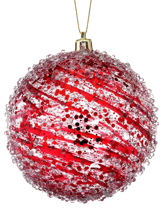 4" Clear Red Swirl Iced Ball Ornament