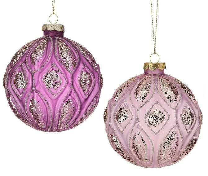 4" Frosted Purple & Gold Glittered Glass Ornament