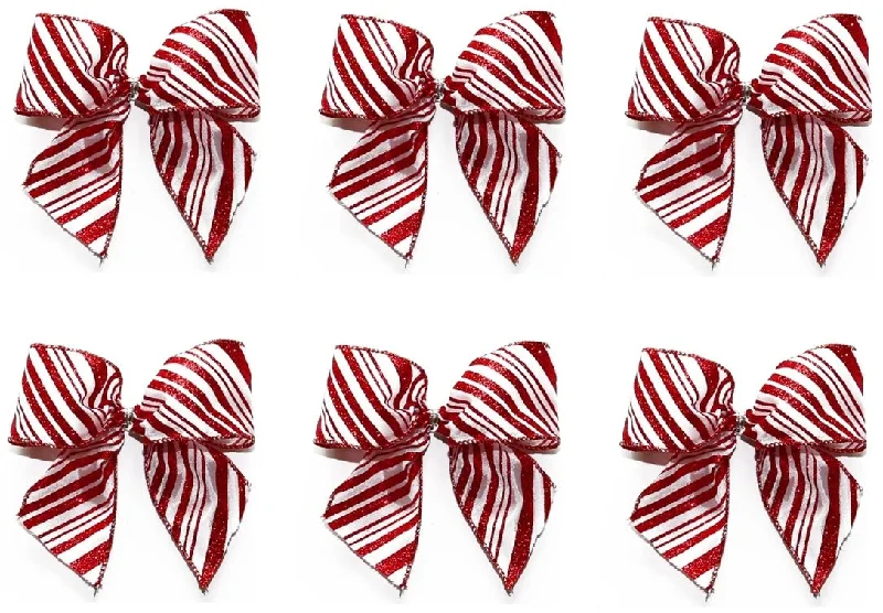 6 Pack of 2-Loop White Satin Bows with Red Glitter Candy Cane Stripes