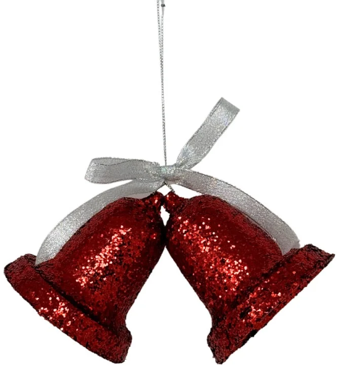 8" Red Glittered Retro Bells Ornament