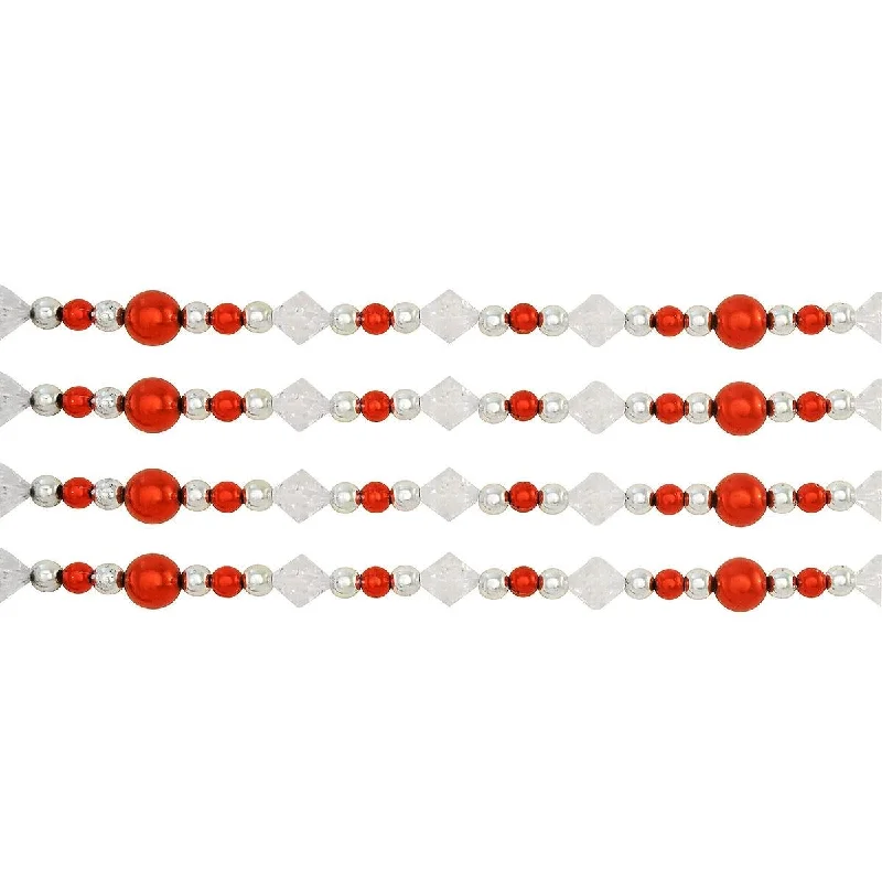 9' Red, White and Silver Iridescent Beaded Hand-Strung Bead Garland