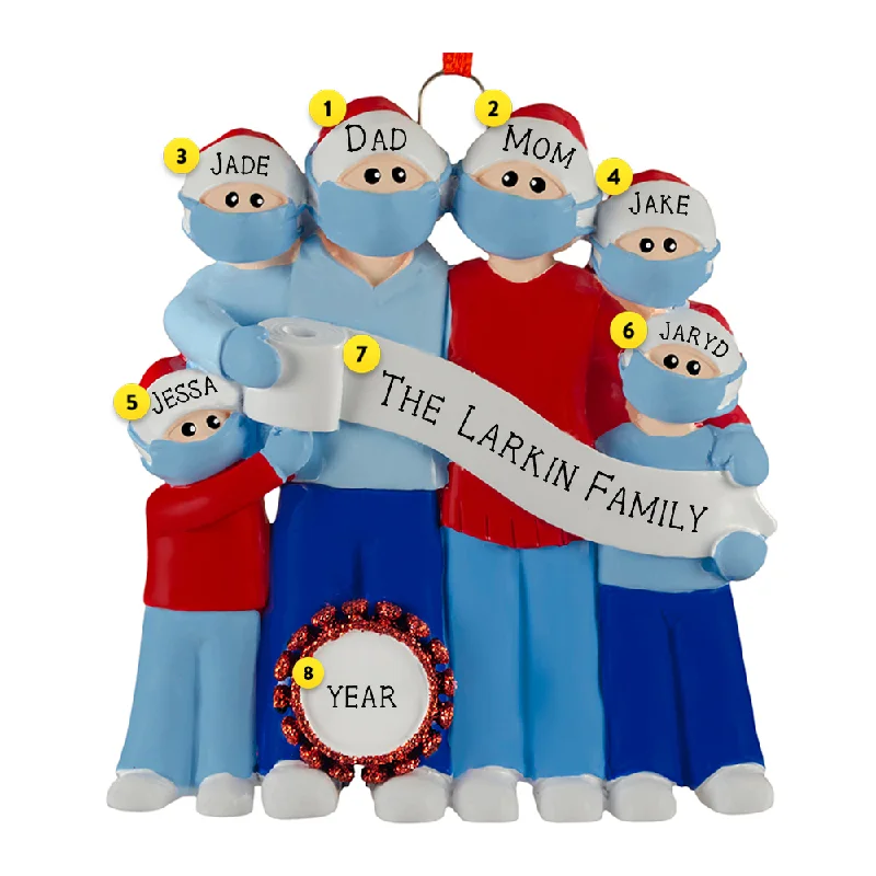 Personalized Family of 6 Wearing Masks Ornament