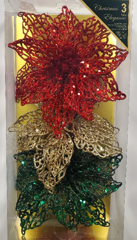 Glittered Poinsettia Clip-On Ornaments (3-Pack)