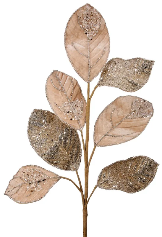 26" Glittered Champagne Velvet Salal Leaf Pick Spray