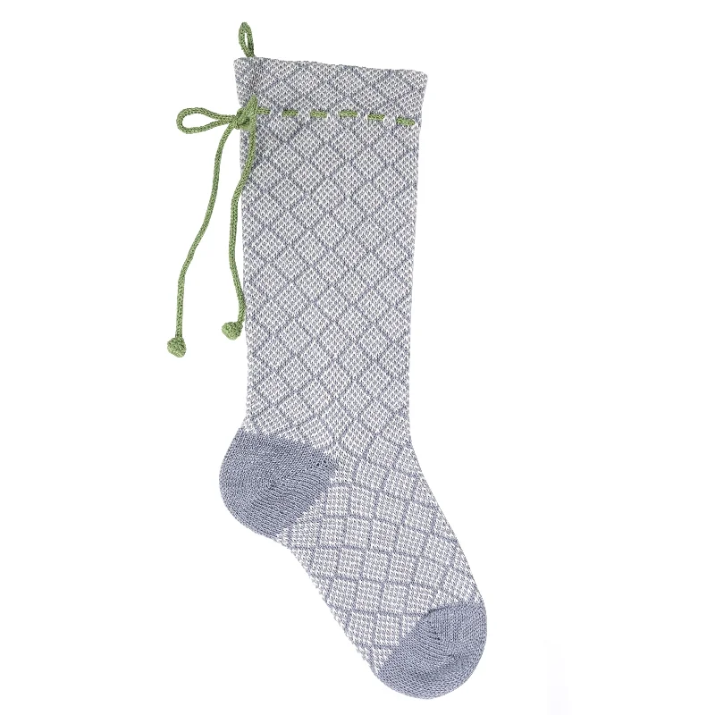 Grey Patterned Stocking with Green Bow