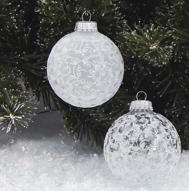 Set of 4 Frosted Lace and Sparkle Glass Ornaments