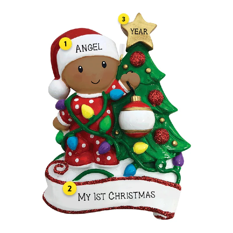 Personalized Baby Decorating the Tree Ornament - African American