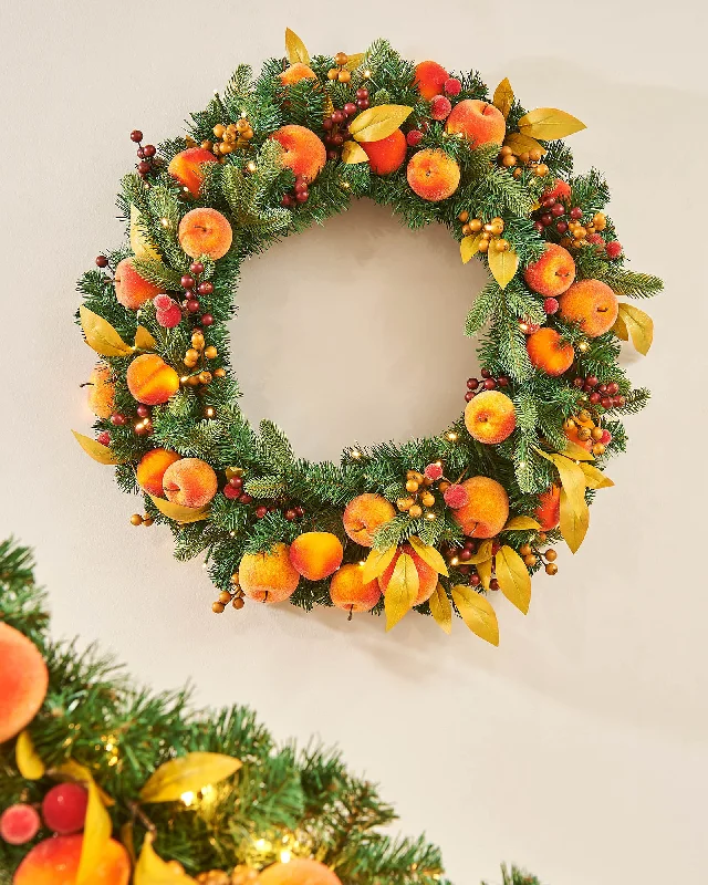 Pre-Lit Decorated Wreath, Apples & Peaches, 76 cm