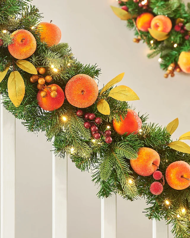 Pre-Lit Decorated Garland & Wreath, Apples & Peaches