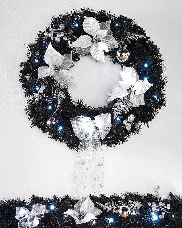 Pre-Lit Decorated Wreath, Black/Silver, 60 cm