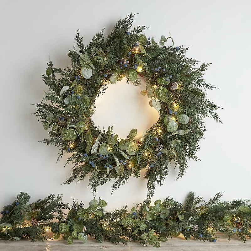 Pre Lit Oversized Frosted Berry and Pinecone Christmas Wreath & Garland