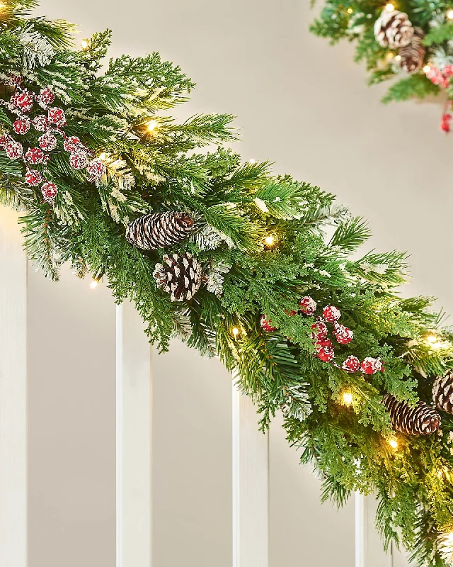 Pre-Lit Snow Flocked Mixed Tip Garland & Wreath