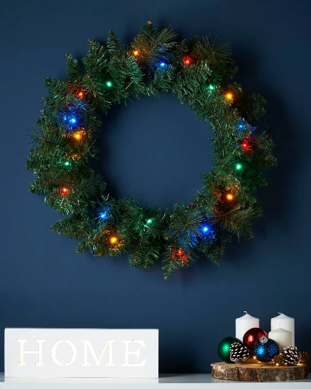 Pre-Lit Multi-Coloured LEDs Wreath, 60 cm