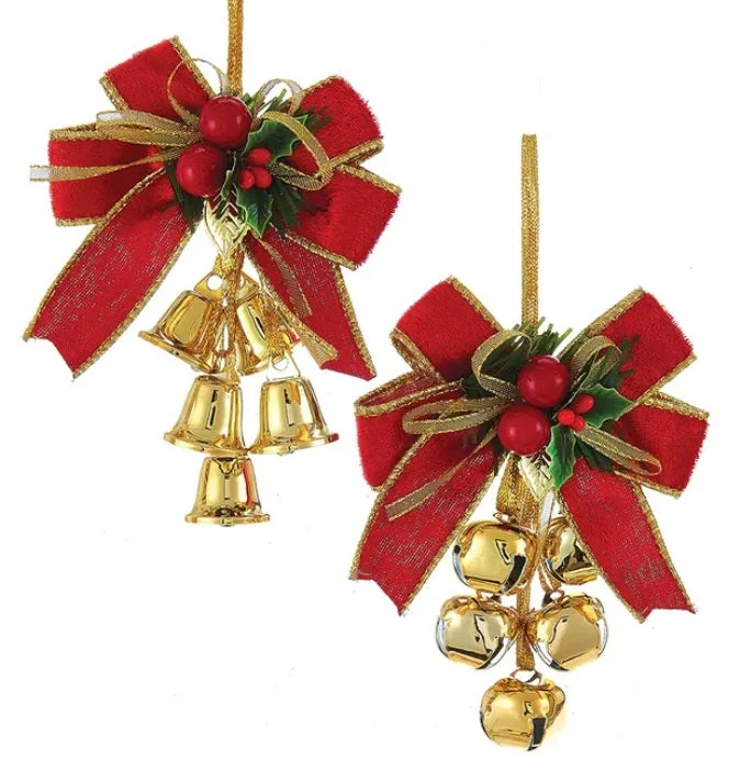 6.1" Red and Gold Bow with Bells Ornament