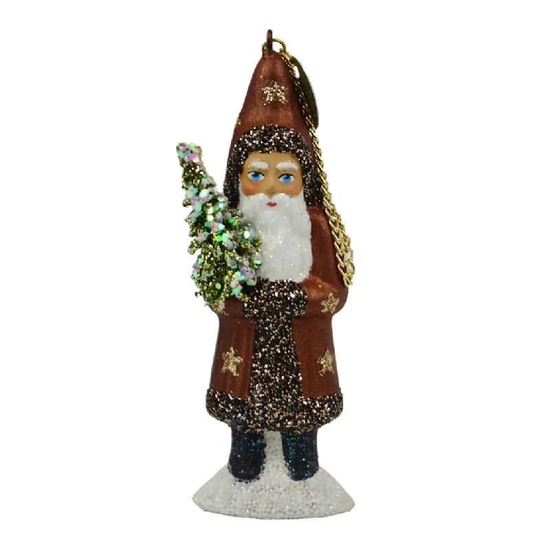 Santa with Tree, Paper Mache Ornament, copper with gold stars and glitter trim, by Ino Schaller