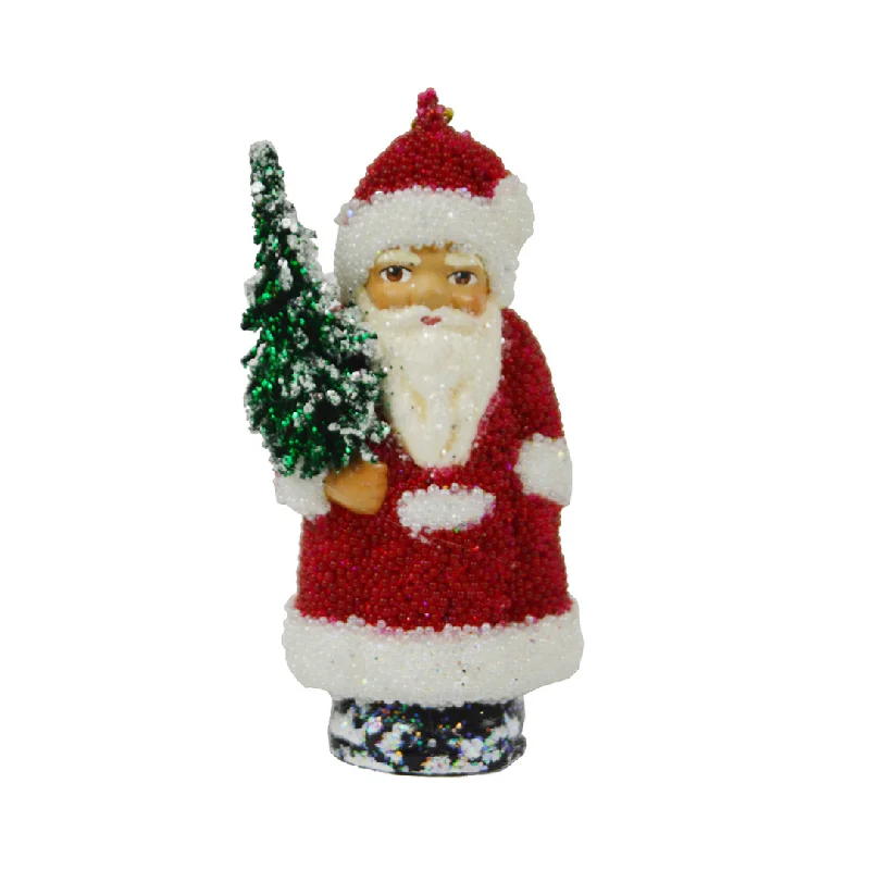 Santa with Tree, Paper Mache Ornament, red and white beaded, by Ino Schaller