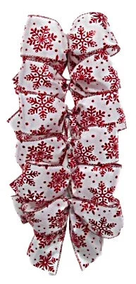 Set of 6 White Satin Bows with Red Glitter Snowflakes