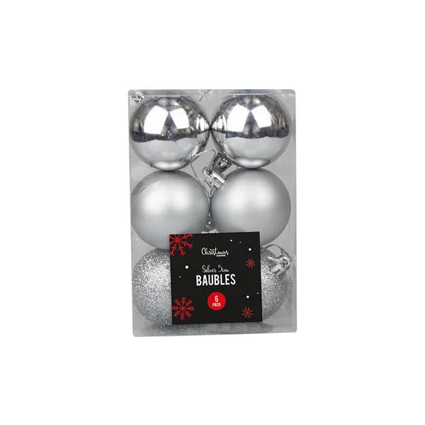 Silver Baubles 5cm Assorted 6 Pack