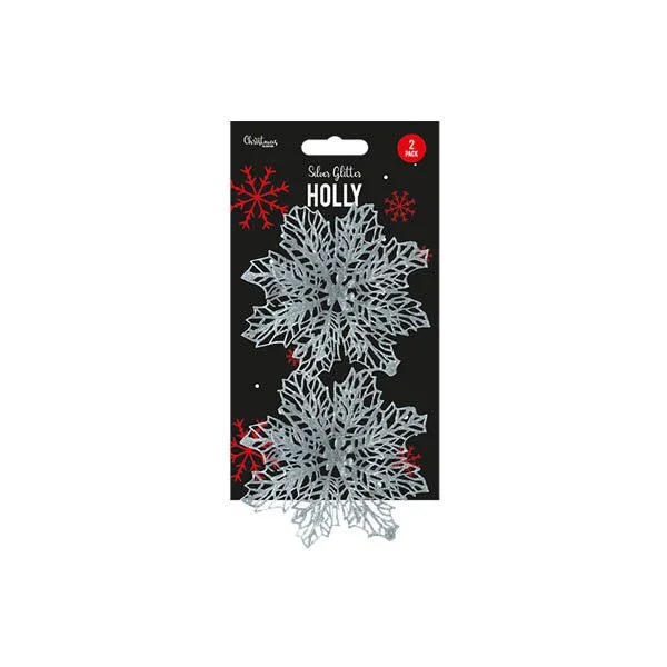 Silver Glitter Holly Decoration 2 Pack