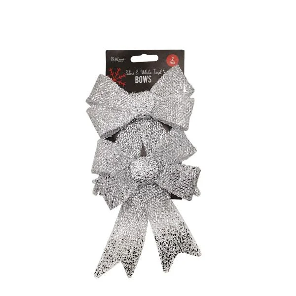 Silver & White Tinsel Bows 2 Pack